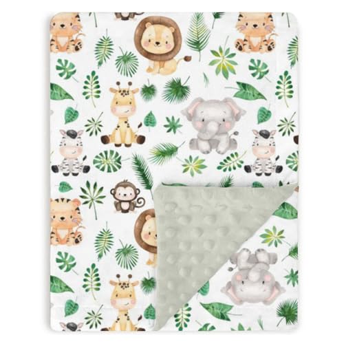 Tewrnvioc Safari Jungle Animals Baby Blankets for Girl Boy 30' x 40', Green Soft Double Layer Minky Blanket with Dotted Fleece Back, Nursery Bed...