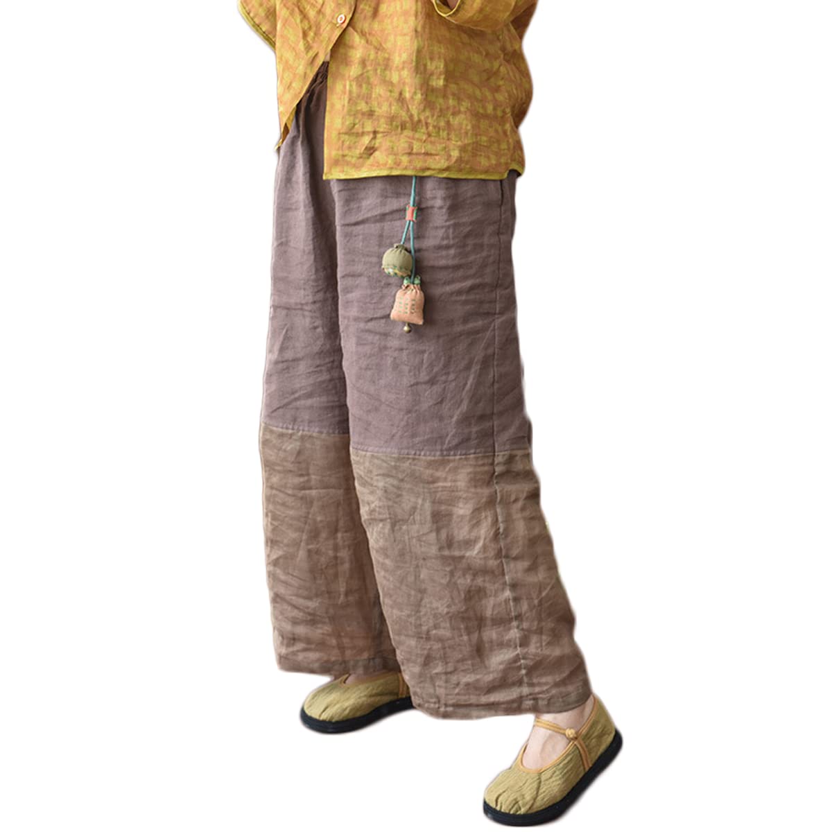 NFYM Women Linen Wide Leg Cropped Pants Patchwork Elastic Waist Casual Summer Sun Protection Loose Thin Trousers