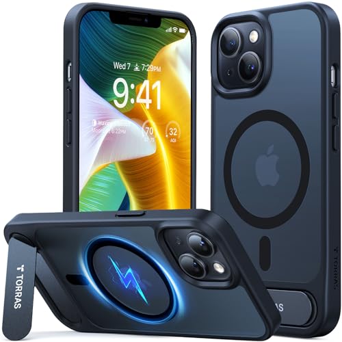TORRAS for iPhone 13 Case/for iPhone 14 Case Translucent Black | Strong Magnetic & Seamless Stand, Fit for MagSafe, Military-Grade Drop Protection, Sturdy Adjustable Kickstand, Slim Matte Fi