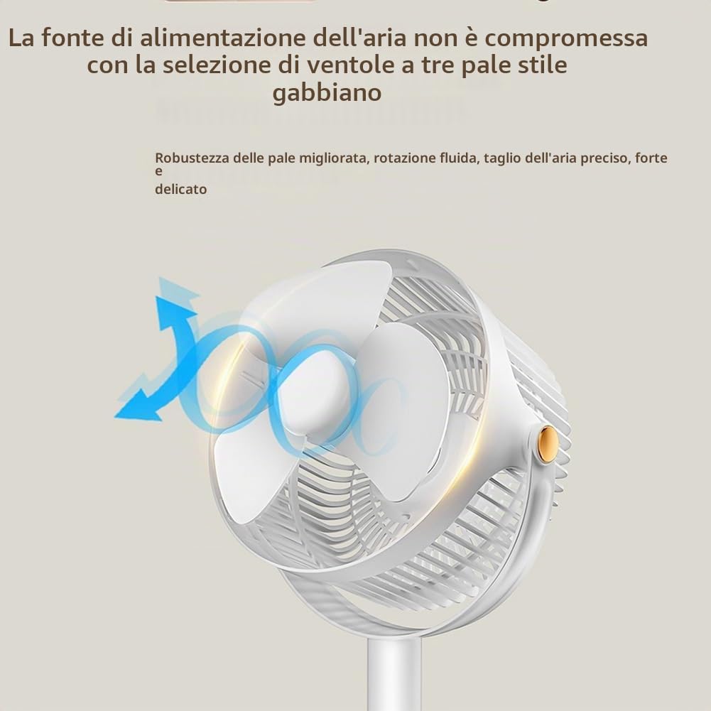 Ventilatore a piedistallo, 28–86,5 cm, regolabile, silenzioso, oscillazione a 360°, 5 velocità, 4000 mAh, ricaricabile tramite USB-C, con funzione aromaterapia per l'uso in camera da