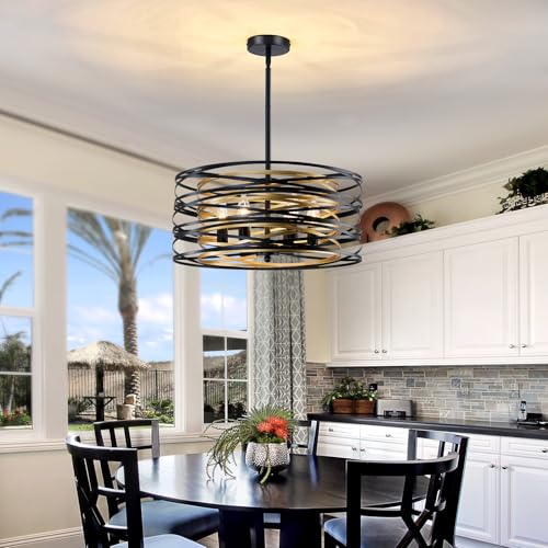 Image of 6- Light Chandeliers Industrial Metal Hanging Light Fixture 19 Inch Farmhouse Chandeliers for Dining Room Black and Gold Pendant Light for Entryway Kitchen Foyer Bedroom