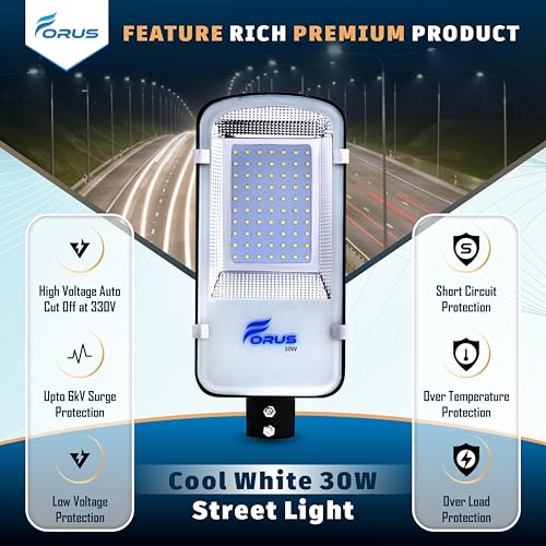 Image of Forus 30W LED Street Light Outdoor with 4 Year Warranty, High Lumen 120 lm /W Waterproof Cool White Light, Energy Saving Aluminium LED Street Lamp for Road, Parking Lot, Industrial Area Lighting (1 PC)