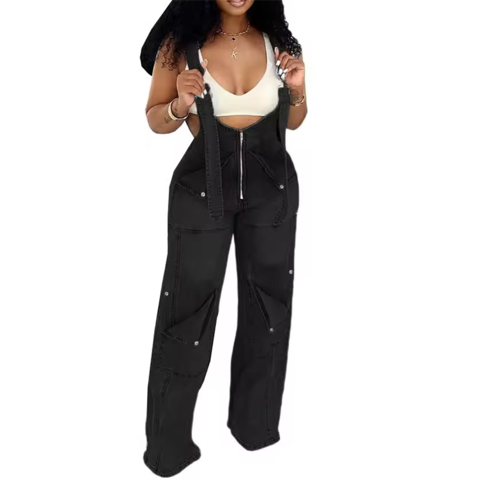 Salopette en Denim Cargo pour Femmes à Taille Haute, Jambe Droite Ample, avec Bretelles réglables et Fermeture éclair