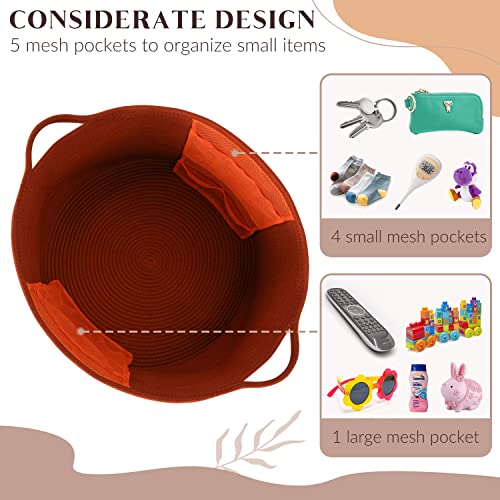 Maliton Xxl Large Cotton Rope Basket Large Basket For Blankets, Towels, Pillows - Round Toy Basket With Pockets- Woven Laundry Basket With Handles - 20" X 20" X 13" Nursery Hamper Bin, Burnt Orange #TOP1