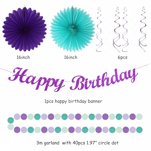 Image of Teal-purple Lavender Girl Mermaid-birthday Party-decorations - 21pcs Happy Banner,Under The Sea Ocean Paper Lanterns Honeycomb Streamers,Tissue Pom Poms Flower Fan,Classroom Hanging Decor Huglony