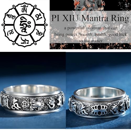 Tibetan Buddhist Six-Word Mantra Lucky Feng Shui Ring, Vintage 925 Sterling Silver Zen Meditation Attract Wealth Money Mantra Amulet, Neo Chinese Style Relieve stress Spinner Ring2