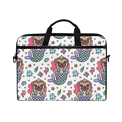 14 Zoll Laptoptasche Hund Mops Meerjungfrau Oktopus Seestern Segeltuch Stoff Laptop Tasche Bussiness Handtasche mit Schultergurt für Damen und