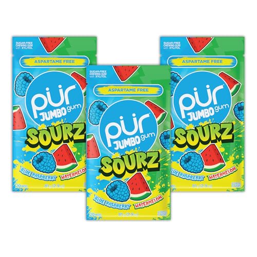 Image of PUR Jumbo Gum Sour Blue Raspberry & Watermelon Xylitol Gum, 60 Count (3x20)