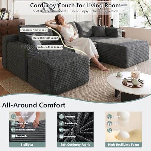 Image of 95 inch Modular Sectional Sofa with Ottoman, Modern Corduroy Cloud Couch Deep Seat, Boneless Couch Upholstered 3-Seater U-Shaped Sofa for Living Room, No Assembly (Dark Gray,Right-Facing Chaise)