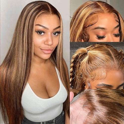 Image of LETMIEO 28 inch Ombre Lace Front Wig Human Hair 13x6 HD Straight Highlight Wig Human Hair 180% Density 4 /27 Colored Honey Blonde Lace Frontal Wigs For Women Glueless Pre Plucked with Baby Hair