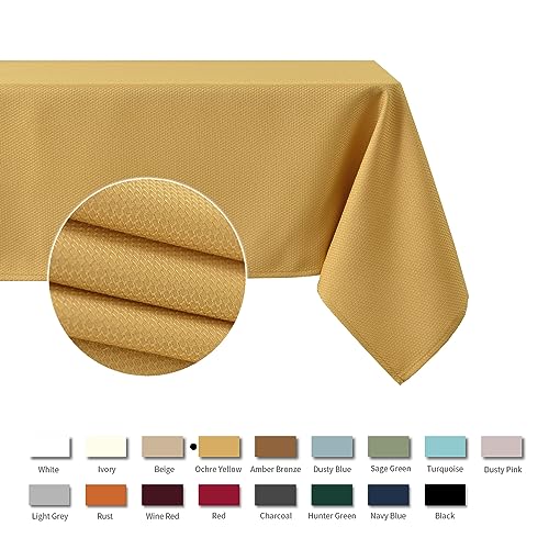 Image of maxmill Textured Rectangular Tablecloth Water Resistance Antiwrinkle Spillproof Soft Jacquard Table Cloth for Dining Room, Buffet Banquet Parties and Holiday Dinners, 60 x 104 Inch, Ochre Yellow