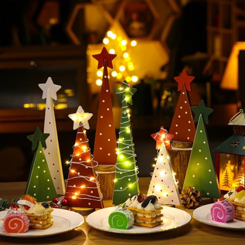 Colingmill 9 Pcs Wooden Christmas Tree Tabletop Decor Sanding Wood Christmas Tree Sign with 3 Pcs 6.56 ft LED Lights for Xmas Home Farmhouse Centerpieces Holiday Decor(Classic Style,Red Green) by Colingmill - Image 5