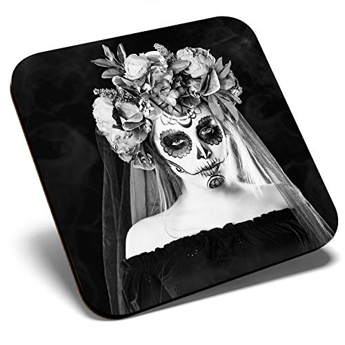 Destination Vinyl Ltd Multicolor Great Single Coaster Square Bw - Sugar Skull Wedding Bride |Glossy Quality Coasters | Tabletop Protection For Any Table Type #39750