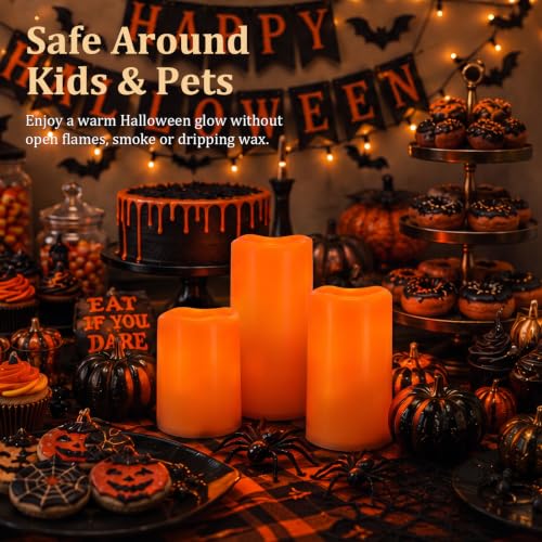 Image of Homemory Orange Outdoor Flameless Candles, Waterproof, Remote Timer, 3 Pack | Flameless LED pillar candles, D3 inchxH4 inch /5 inch /6 inch, IPX5 waterproof, outdoor candles, porch, patio, garden, Halloween decor