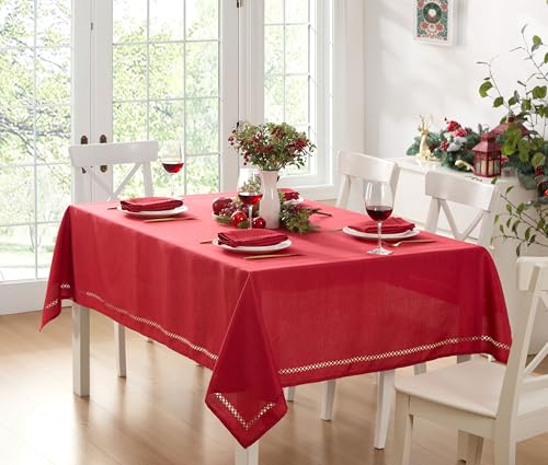 Newbridge Fabric Rectangle Tablecloth, 60 x 144 Inch, Provence Lattice Cutwork Solid Color Textured, Water and Stain Resistant Easy Care Fabric Table Cloth, Red by Newbridge - Image 5