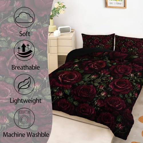 Image of AILONEN Midnight Rose Full Duvet Set 3 Piece, 1 Comforter + 2 Pillowcases, Wine Red Petals Dark Botanical Lattice Moody Garden Pattern for Victorian Guest Room
