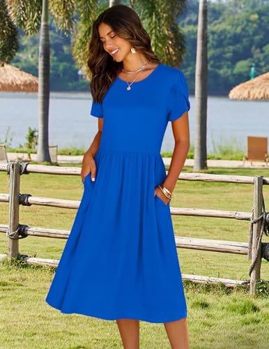 Image of HOTOUCH Women's Summer A-Line Midi Dresses 2026 Casual Floral Short Sleeve T-Shirt Dress Flowy Beach Sundress with Pockets