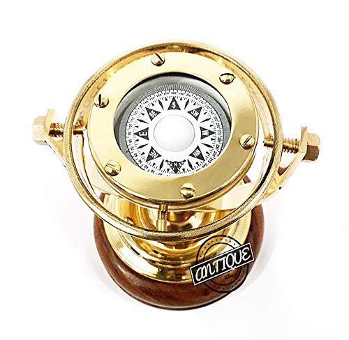 Antique VibesBrass Gimbal Compass on Wood Stand Base Maritime Nautical Ship/Boat Binnacle Gimble Compass