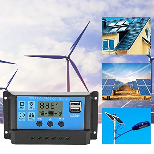 Topiky Controlador de Carga Solar 10A, Pantalla LCD PWM, Regulador USB Dual, Cargador de Batería del Fotovoltaico, Regulador de Panel Solar para el Hogar de Auto RV