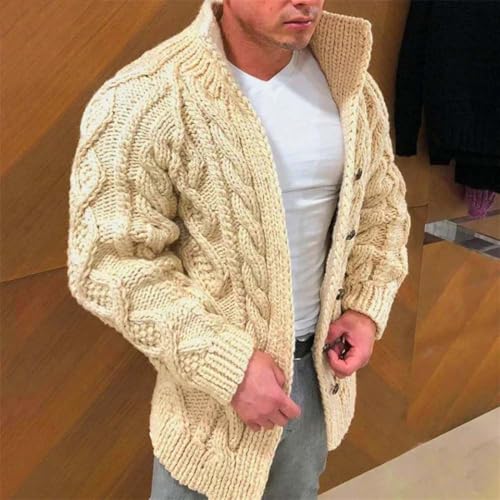 Men Chunky Cable Knit Cardigan Wool Blend Buttoned Sweater Shawl Collar Thick Warm Pullover4