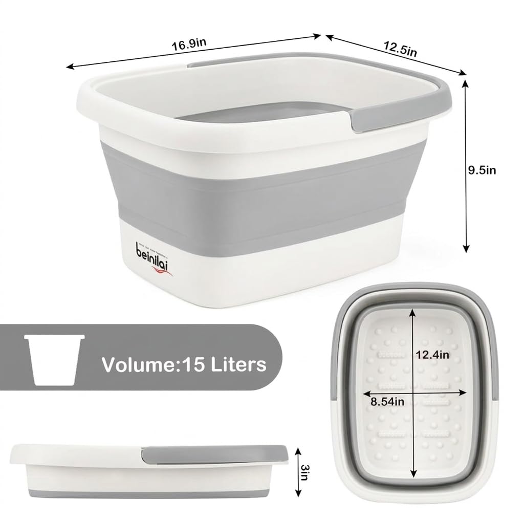 Collapsible Foot Bath Basin for Soaking Feet,Foot Soak Tub,Plastic Foot Bucket with Handles and Massage Acupoint,Foldable Laundry Basket-Gery
