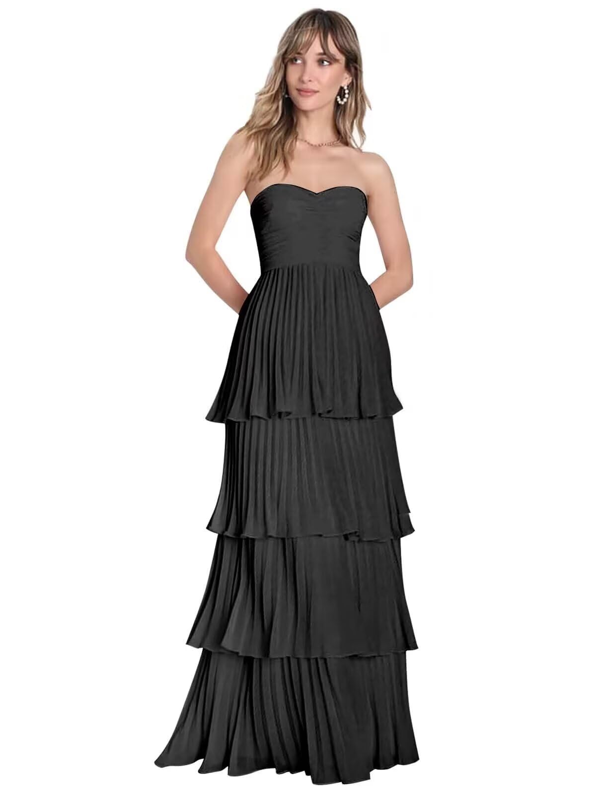 Bridesmaid Dresses Ruffle Strapless Wedding Guest Dress Tiered Chiffon Prom Maxi Formal Evening Gowns