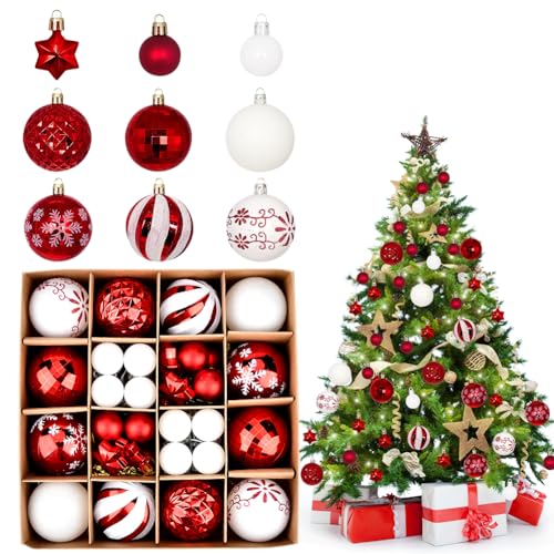 Weihnachtskugeln Rot Weiß, 44Stück Weihnachtskugeln Kunststoff,...