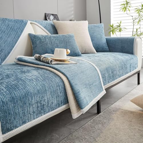 Housse de canapé chenille bleue protège-canapé anti-glisse pour animaux et enfants - 2