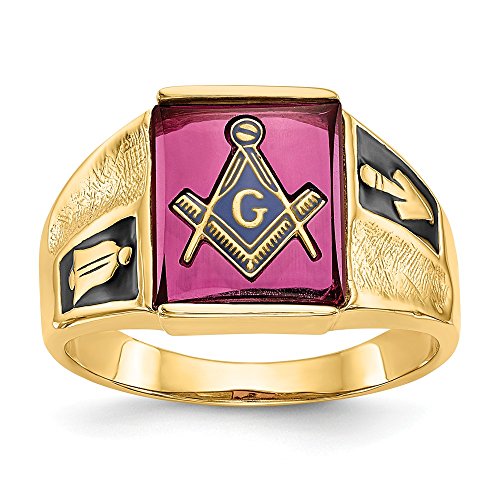 14K Yellow Gold Men's Synthetic Ruby Masonic Ring
