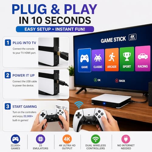 Casaquin GS5 Pro 4K Retro Video Game Console for TV | 22,000+ Built-in Games | 23 Emulators | Plug & Play Gaming Stick | Dual Wireless Controllers | 4K Ultra HD HDMI Game Console for Kids & Adults 4 51I6 ULNmOL