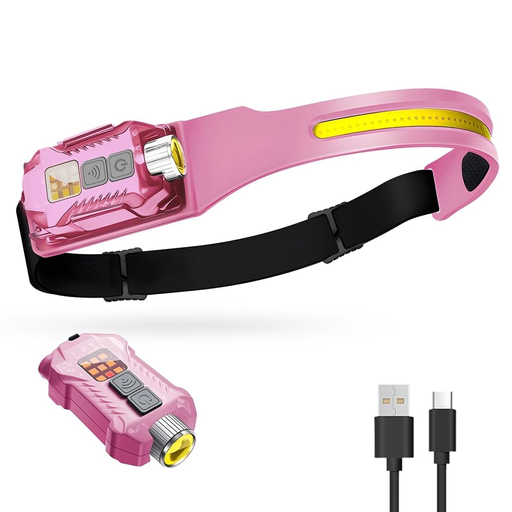 Lobamop Magnetic Light Waterproof Rechargeable Headlamp with Detachable Flashlight Motion Sensor for Hiking, Running Pink
