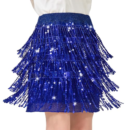 LOLANTA 2PCS Girls Sequin Skirt Sparkly Tassel Fringe Performance Party Skirt with Shorts Mardi Gras Glitter Dance Skorts Iridescent Rave Festival Skirts, Royal Blue, 12-13 Years, 160