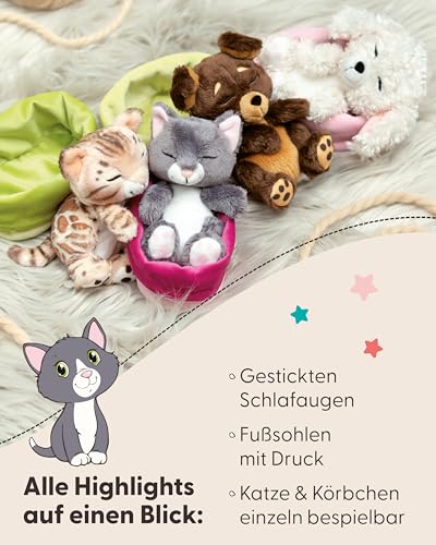 Kuscheltier Katze grau 12cm schlafend im Körbchen