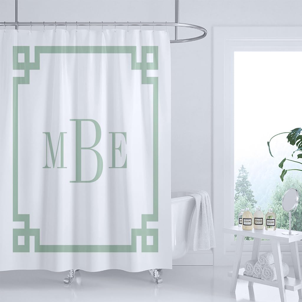 Shower Curtain, Sage Green and White Greek Key Monogrammed Shower Curtains with 12 Hooks, Bathroom Bathtub Decor, Waterproof Shower Curtains for Bathroom, 72x72 Inches