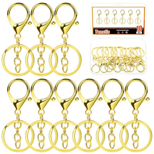 Tanstic 10 pièces fermoirs mousquetons dorés pour porte-clés, fermoirs mousquetons avec anneau plat fendu et chaîne pour porte-clés DIY Craft
