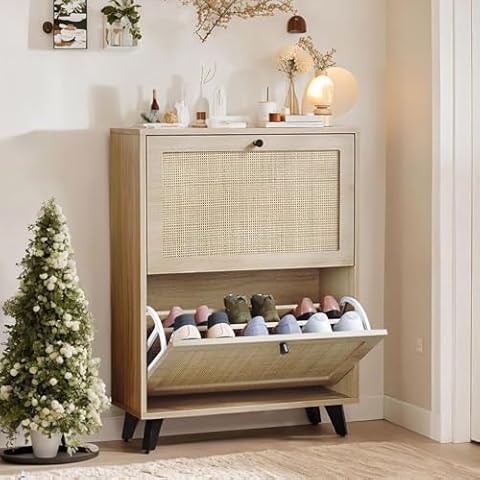 Angel Sar Rattan Shoe Cabinet for Entryway, Slim Shoe Storage Cabinet with 2 Flip Drawers, Hidden Shoe Organizer, Shoe Rack Cabinet with Metal Legs, Natural Wood Cover
