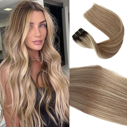 Image of Clip in Hair Extensions Real Human Hair 7Pcs 18 Inch Balayage Blonde Human Hair Clip in Extensions Ombre Brown to Bleach Blonde Highlights Hair for Women