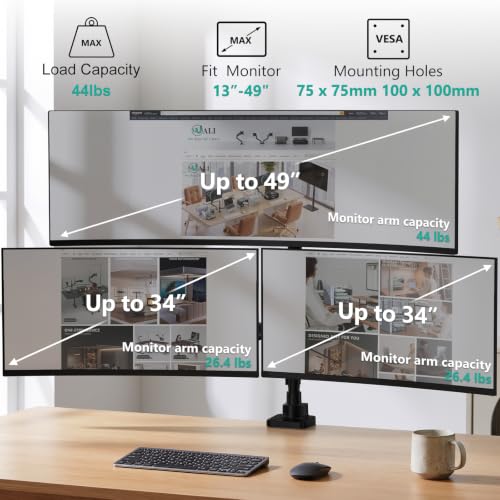 Image of WALI Triple Monitor Mount, up to 49'' Ultrawides on Top Bracket and 34'' Screens on Side Brackets, Extra Tall 3 Monitors Desk Mount, Heavy Duty Monitor Arm up to 44 lbs (GSDM003N-P), Black