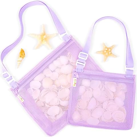 Tagitary Beach Toys Mesh Beach Shell Bags Sand Toys for Collecting Shells,Swimming Pool Treasure Bag with Zipper,Kids Beach Essentials Including 2PCS of Different Size for Kids and Parents(Only Bags) Cover