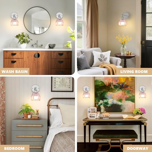 Image of Vintage Battery Operated Wall Sconce, Pink Tulip Glass Lampshade Wireless Rechargeable Battery Powered LED Wall Light with Remote Dimmable for Bedside Bedroom Living Room, Silver, Set of 2