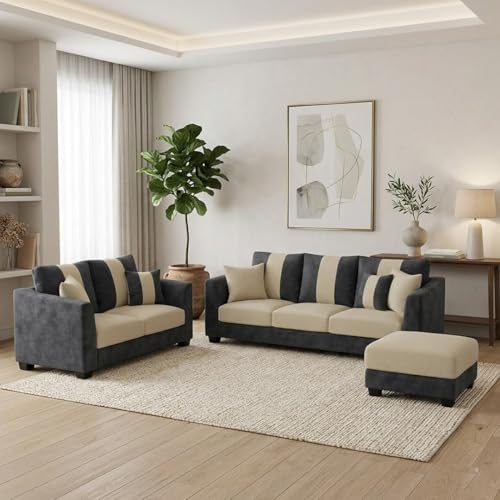 Image of Revo Plush Comfort Sofa Set | 3 Seater + 2 Seater with Ottoman | Luxury Velvet Suede Fabric | Modern Living Room Sofa | Dark Gray - Cream