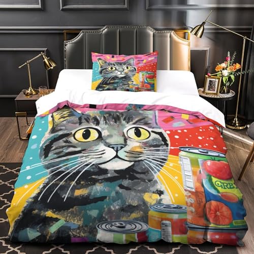 Parure de lit chat 3D 135x200 cm avec fermeture éclair facile à laver