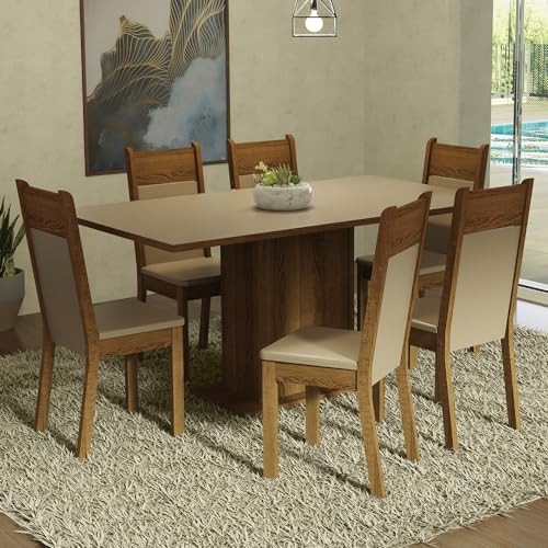 Image of Madesa Augusta 6 Seater Dining Set, Rectangular Engineered Wood Table 160 cm, Brown and Beige Upholstered Chairs, Dining Room Furniture