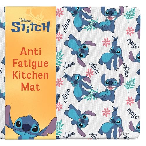 Image of Disney Stitch Anti-Fatigue Kitchen Mats for Floor, 17x47, Non-Slip | 12mm PVC foam cushions feet and back, water resistant, wipes clean, won't compress or crack over time
