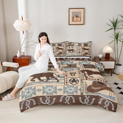 Image of Feelyou Boho West Cowboy Bedding Set Horseshoe Comforter Set for Kids Boys Girls Children Rodeo Cowboy Style Comforter Rural Country Farmhouse Duvet Set Room Decor Quilt Set Twin Size