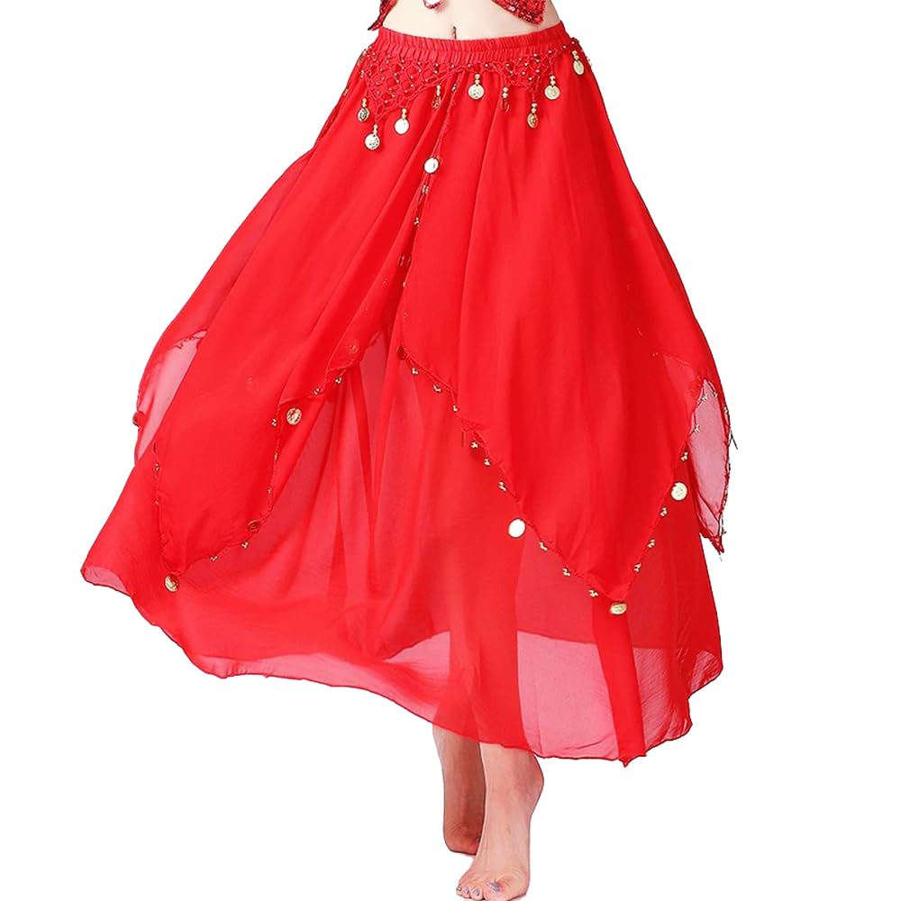 Belly Dance Costume for Women Belly Dance Chiffon Skirt with Coins (US, Alpha, One Size, Regular, Regular, Red)