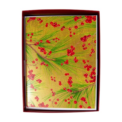Caspari Berries and Pine Boxed Christmas Cards - 15 Cards & 15 Envelopes