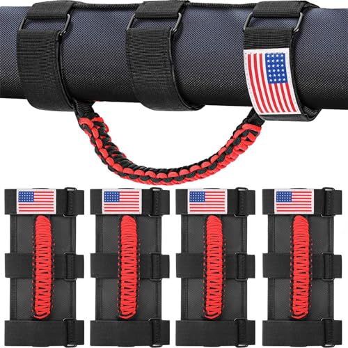 Image of moveland 4 Pack Roll Bar Grab Handles with US Flag for Jeep Wrangler, Red