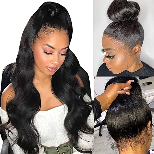 Body Wave 360 Lace Front Wigs Human Hair Pre Plucked Bleached Knots,26 Inch 180% Density Glueless Transparent HD Lace Front Wigs Human Hair for Black Women,Can make Ponytail and Updo
