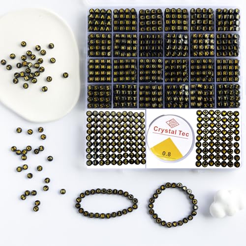 nikkiGuo 1250 PCS Letter Beads Kit with Elastic Cord Alphabet AZ Numbers Heart Moon Star Smiley Beads for Friendship Bracelets & DIY Jewelry (Black Beats & Golden Letters)